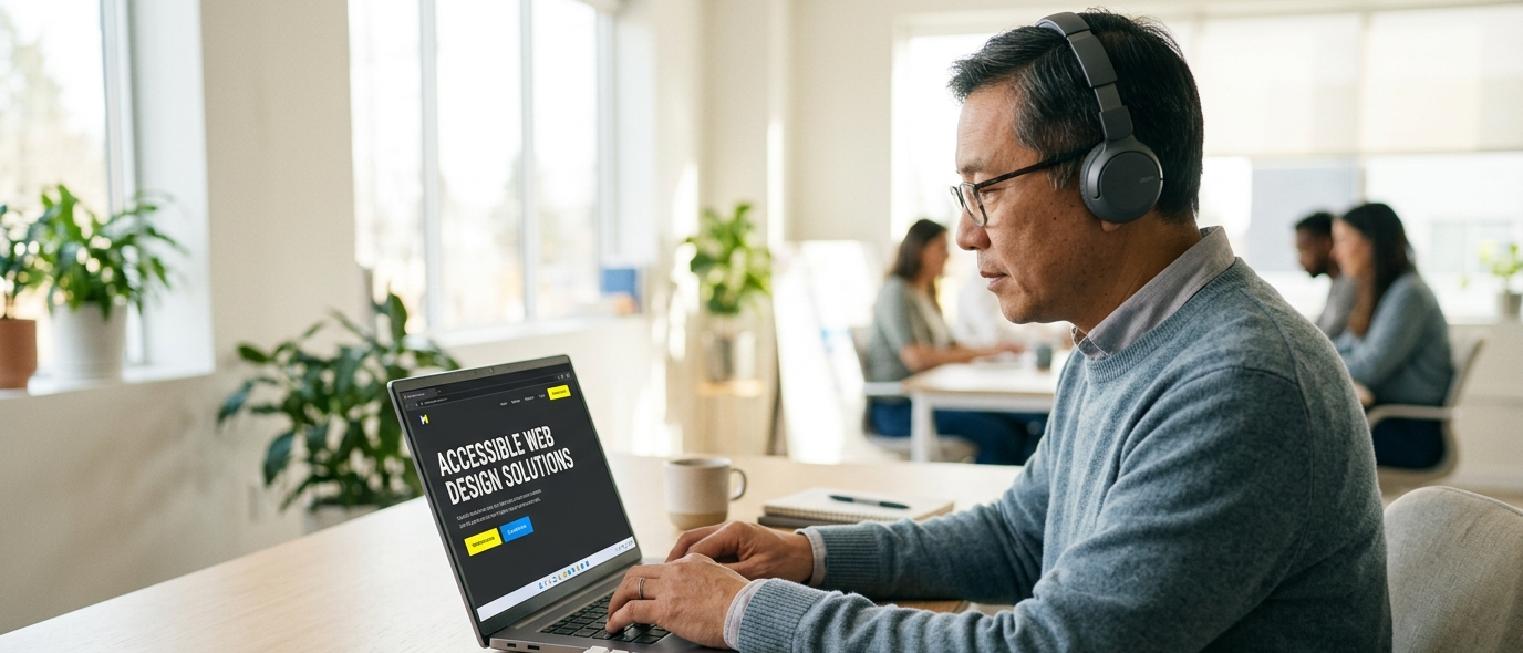 Image de mise en avant : une personne utilisant un ordinateur portable avec un lecteur d'écran ou un clavier, dans un environnement de bureau lumineux. On peut voir à l'écran un site web aux contrastes nets. Ambiance inclusive et professionnelle, couleurs douces, format paysage 16:9.