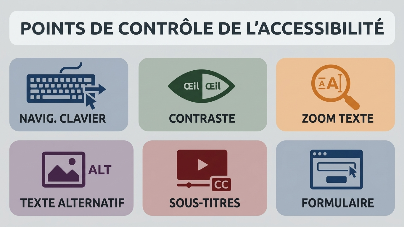 Illustration de section : une checklist visuelle stylisée avec des icônes représentant les points de contrôle de l'accessibilité (clavier, œil pour le contraste, loupe pour le zoom, image avec texte alternatif, sous-titres de vidéo, formulaire). Style flat design épuré, palette sobre et contrastée, format paysage.