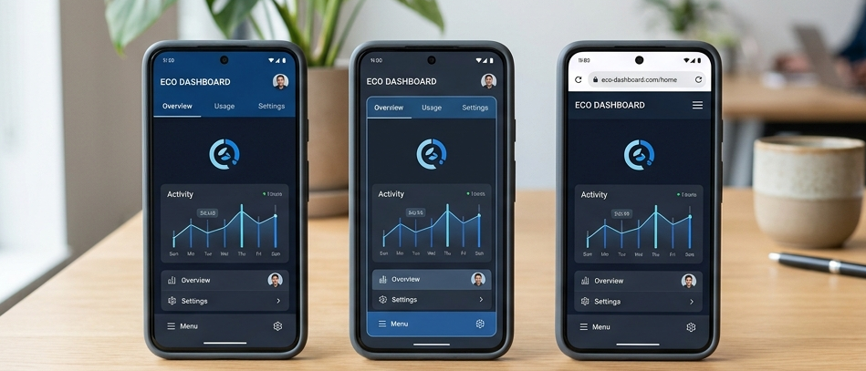Image de mise en avant : trois smartphones posés côte à côte sur un bureau clair, chacun affichant une interface d'application différente (sobre et moderne). Ambiance professionnelle et lumineuse, évoquant le choix entre trois approches. Format paysage, sans texte incrusté.
