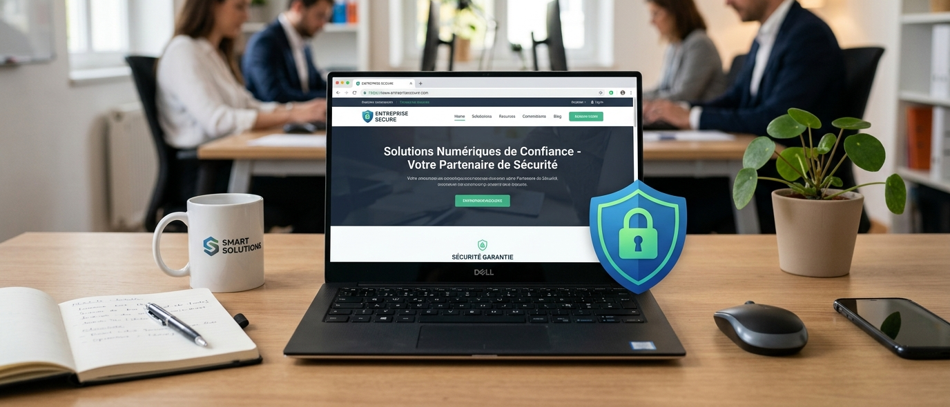 Image de mise en avant : un ordinateur portable posé sur un bureau de petite entreprise, affichant un site web avec le cadenas HTTPS visible dans la barre d'adresse, et un petit bouclier ou cadenas stylisé en surimpression. Ambiance professionnelle et rassurante, couleurs sobres, pas de clichés de hacker à capuche.